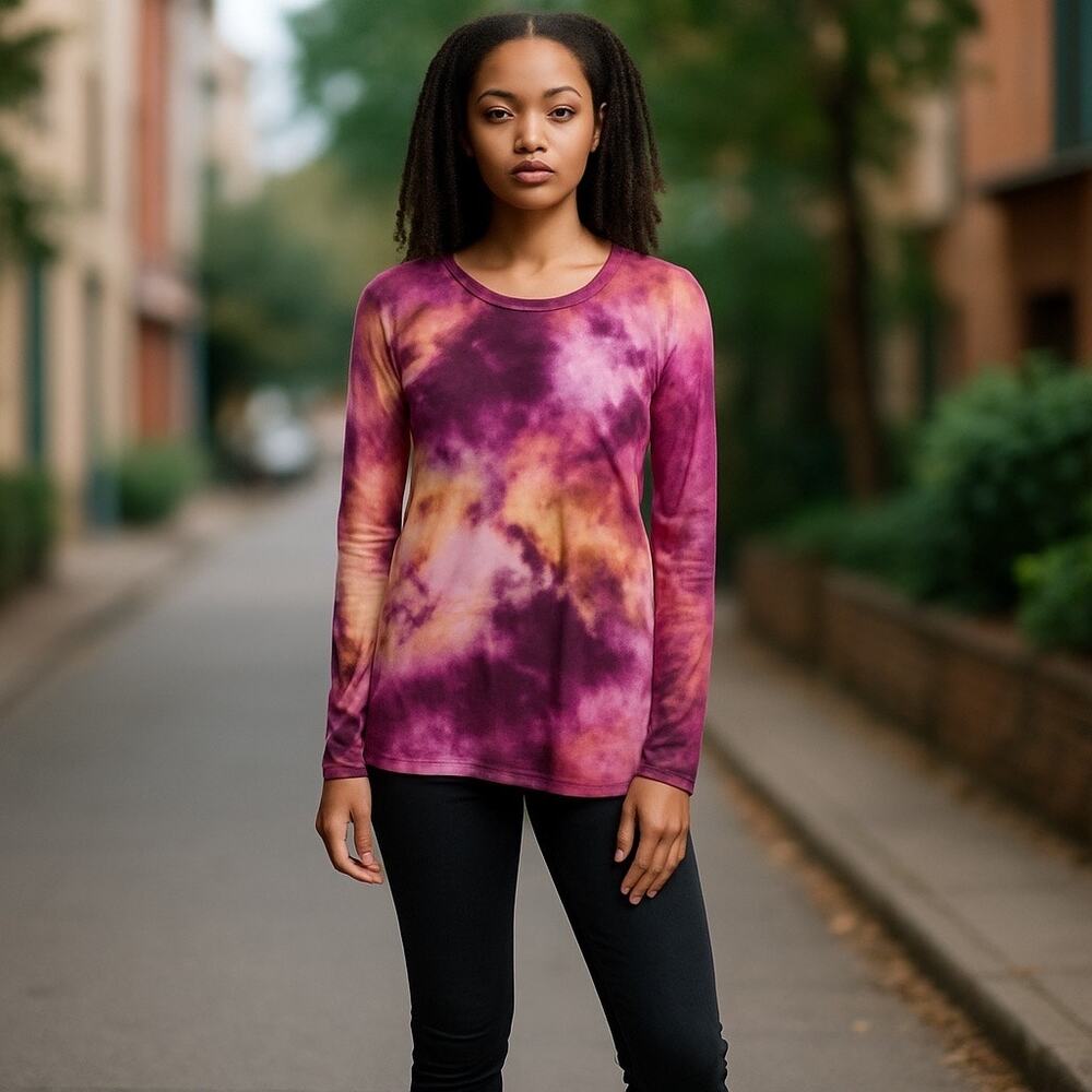 Handcrafted Custom Purple, Pink, Yellow Long Sleeve Tie Dyed Tunic Top Size M